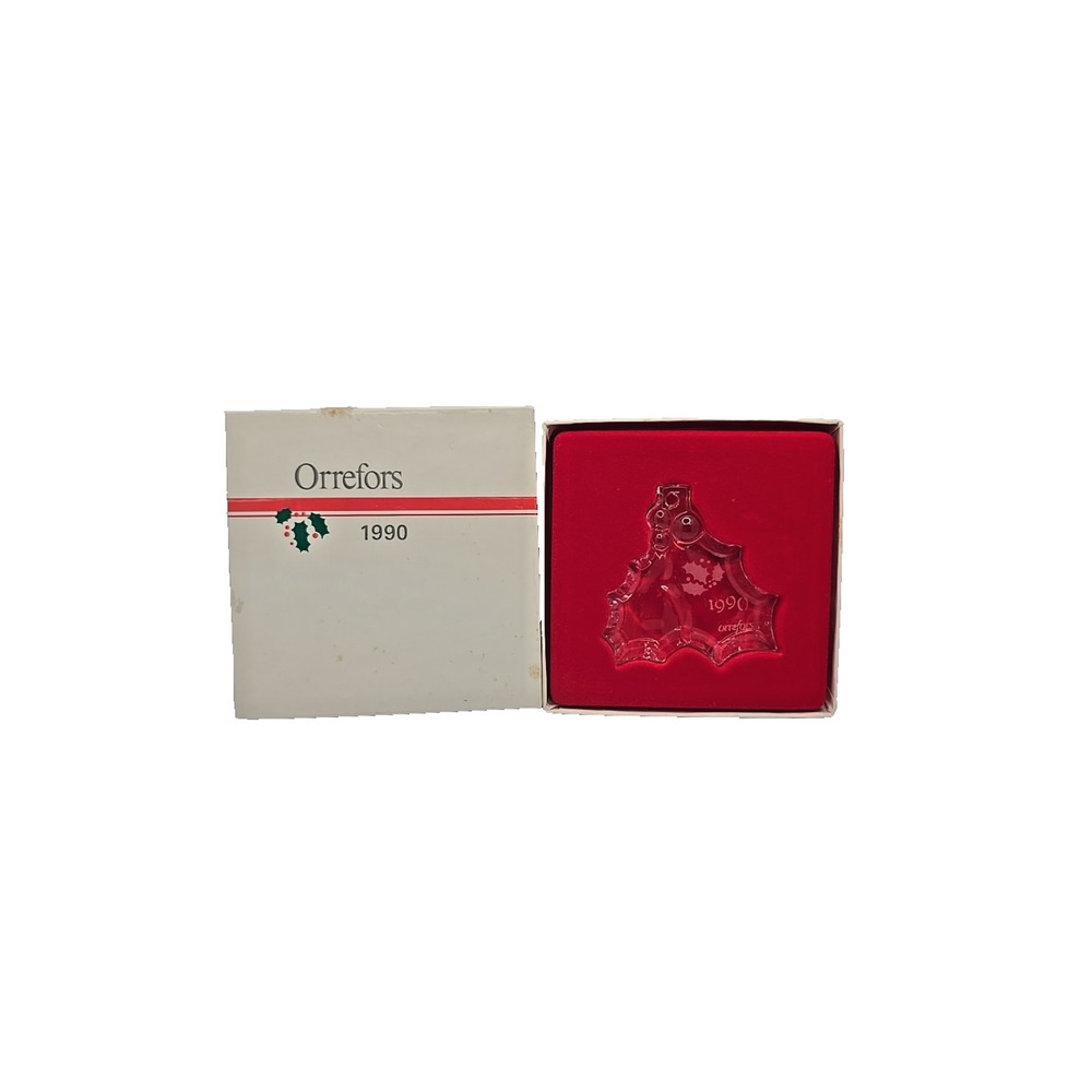 Vintage Orrefors 1990 Holly Christmas Ornament Crystal in‎ Box U97